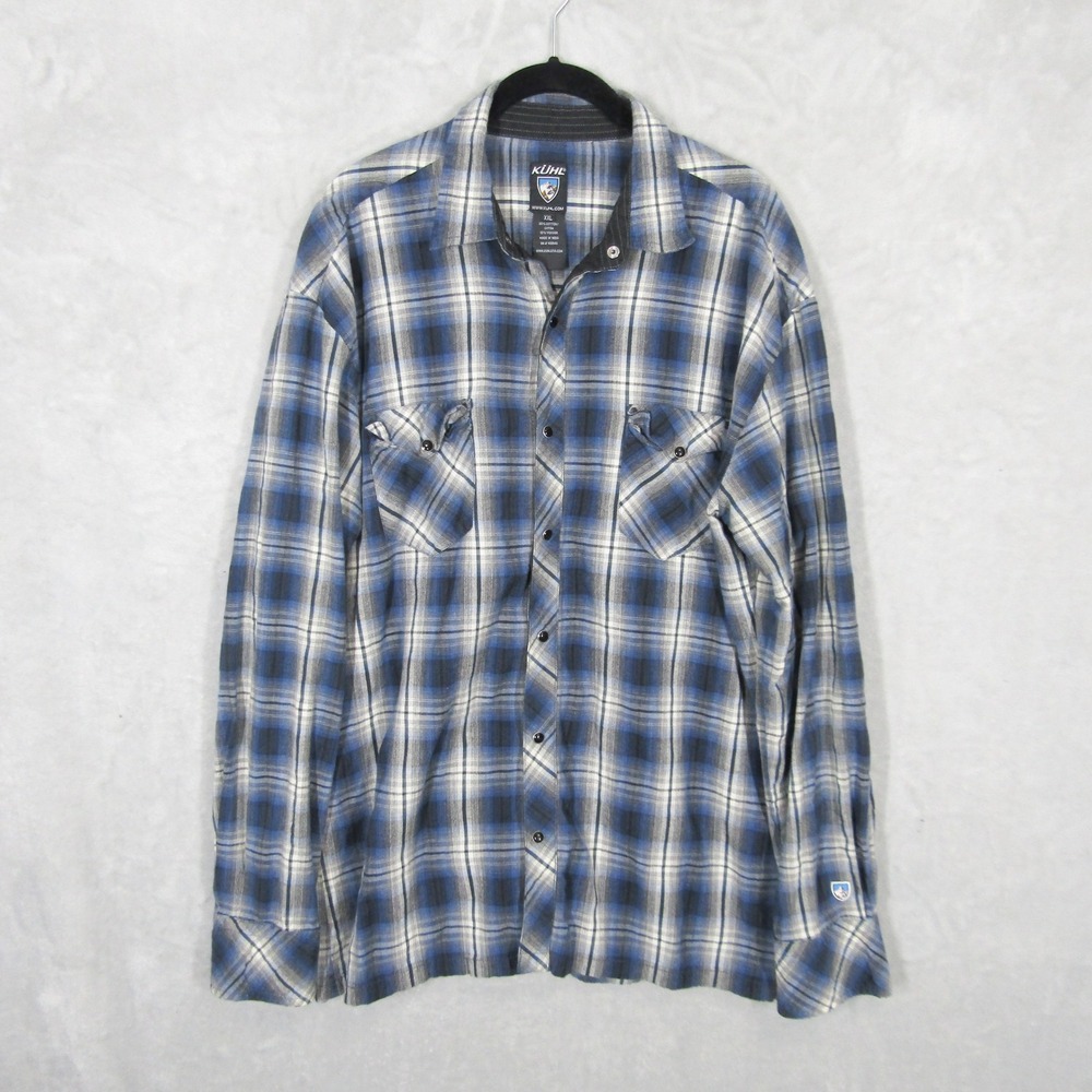Kuhl Button Down Shirt Mens XXL Blue Plaid Cotton Snap Long Sleeve Outdoor